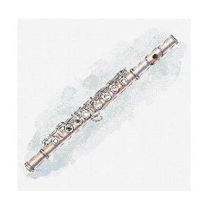 Puede incluir: Una flauta de plata sobre un fondo de acuarela. La flauta tiene un cuerpo y llaves de plata, y está enfocada. El fondo es una suave acuarela azul y gris.