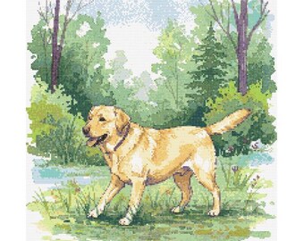 Yellow Labrador Retriever Cross Stitch Pattern – Woodland Scene, PDF Download
