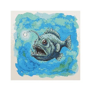 Angler Fish Watercolor Cross Stitch Pattern - Design size: 200 x 200 stitches