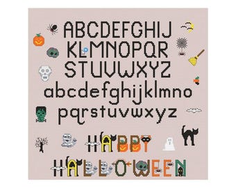 Halloween-Alphabet-Kreuzstichmuster, gruselige Stickvorlage (PDF-Muster)