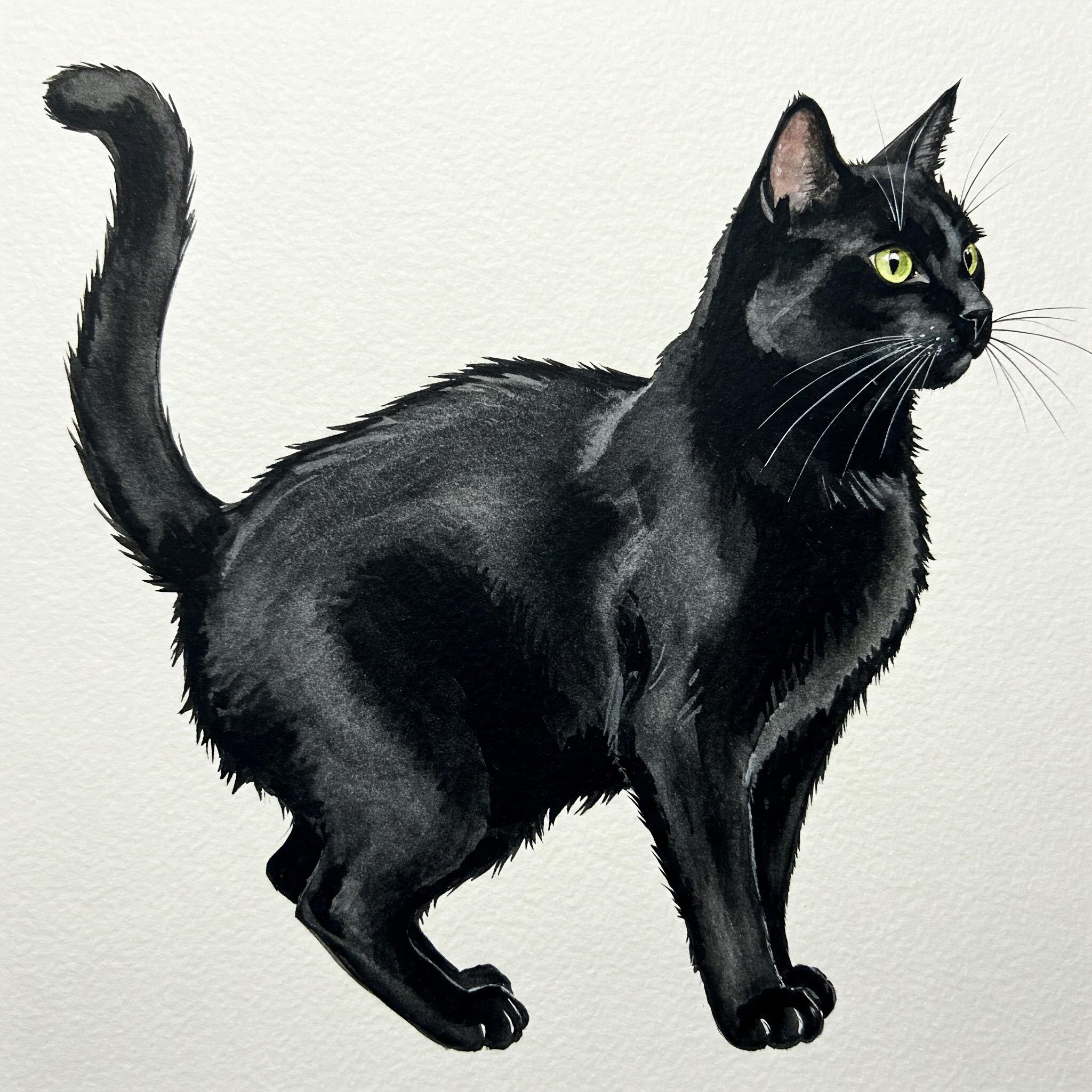 黒猫の水彩画クロスステッチパターン - デザインサイズ：200 x 200