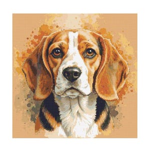 May include: A close-up portrait of a beagle dog with brown and white fur. The dog has large, floppy ears and a sweet expression. The background is a soft, watercolour-like wash of orange and yellow.