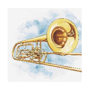 Könnte beinhalten: Ein goldenes Posaune mit einem glockenförmigen Mundstück, vor einem Aquarellhintergrund in Blau und Weiß.