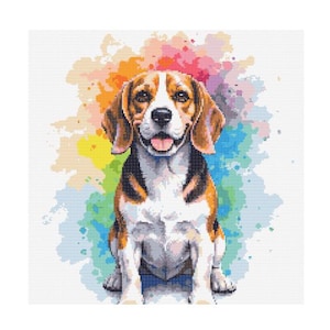 May include: A beagle dog with brown and white fur sits in front of a colourful watercolour background. The dog has a happy expression and is looking directly at the viewer.