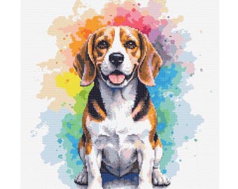 May include: A beagle dog with brown and white fur sits in front of a colorful watercolor background. The dog has a happy expression and is looking directly at the viewer.