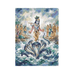 May include: A detailed cross-stitch depicting a religious scene. A figure in gold and blue stands atop a multi-headed serpent in a body of water. Other figures are on the banks. The background is a mix of blues and greens.
