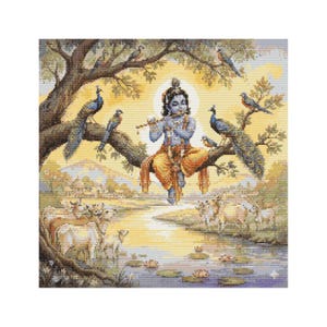 May include: A detailed illustration depicts a blue-skinned figure playing a flute while seated on a tree branch. Peacocks and birds perch nearby. Cows graze by a river, with a backdrop of a yellow sky and distant buildings. The artwork has a serene, spiritual theme.