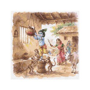 May include: A watercolor illustration depicts a scene with a blue-skinned figure reaching for a hanging pot. Monkeys surround a wooden barrel. Women in traditional attire and a cow are also present, set against a backdrop of rustic buildings.