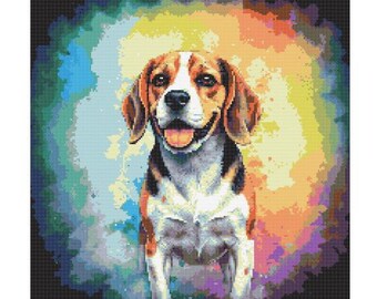 May include: A Beagle dog with brown, white, and black fur is standing in front of a colorful abstract background. The dog has its tongue sticking out and is looking at the camera.