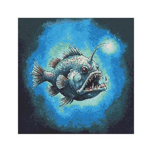 Angler Fish Watercolor Cross Stitch Pattern - Design size: 200 x 200 stitches