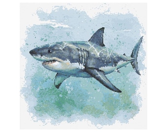 White Shark Cross Stitch Pattern – Watercolor Ocean Art (PDF Pattern