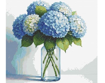 Blue Hydrangeas in Vase Watercolor Cross Stitch Pattern - Design size: 200 x 200 stitches