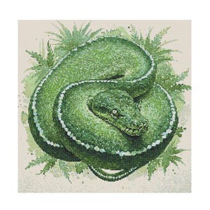 Op de afbeelding: Een groene slang die in een spiraal is opgerold, met zijn kop op zijn lichaam. De slang wordt omringd door groen gebladerte, wat een natuurlijke en levendige scène creëert.