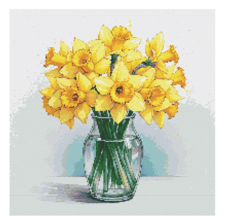 Daffodils in Vase Watercolor Cross Stitch Pattern - Design size: 200 x 200 stitches