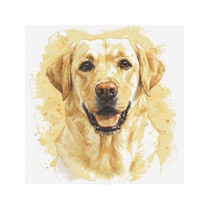 May include: A watercolor-style portrait of a yellow Labrador Retriever dog. The dog has brown eyes, a black nose, and a slightly open mouth. The background features yellow and tan watercolor splashes.