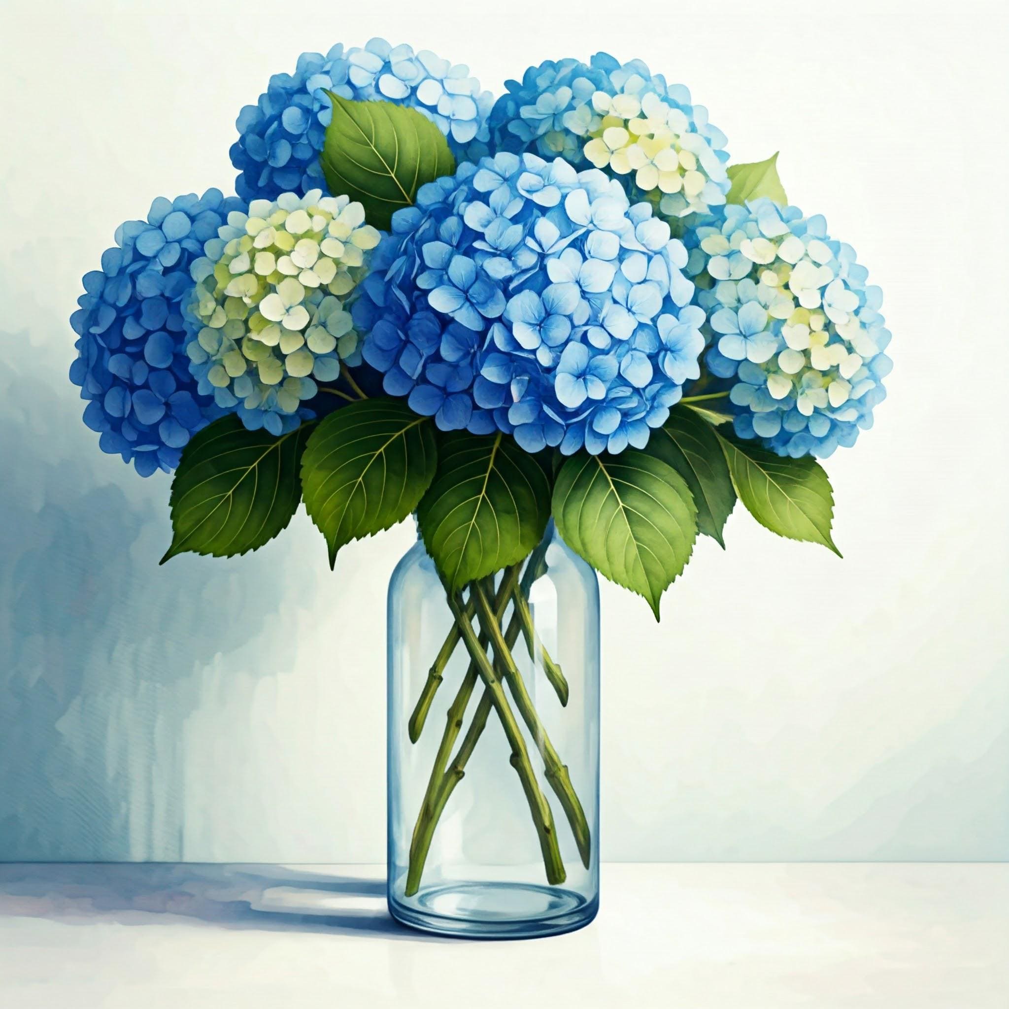 花瓶 風景画デザイン 花瓶の中の青いアジサイの水彩画クロスステッチパターン - デザイン