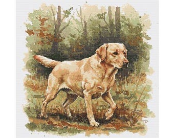 Yellow Labrador Retriever Cross Stitch Pattern – Woodland Scene (PDF Download)