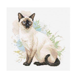 May include: A Siamese cat with blue eyes sits on a white background with a watercolor floral design. The cat has a light brown body with darker brown points on its face, ears, legs, and tail.