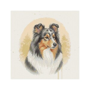 Könnte beinhalten: Aquarellporträt eines Sheltie-Hundes, mit einer detaillierten Darstellung des Fells des Hundes in Schwarz, Weiß und Braun. Der Hund ist vor einem weichen, gelb-orangen Hintergrund mit einem Hauch von Bäumen abgebildet.