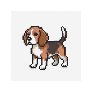 May include: Pixelated image of a Beagle dog. The dog is rendered in brown, black, and white pixels, standing with its tail raised. The style resembles retro video game graphics.