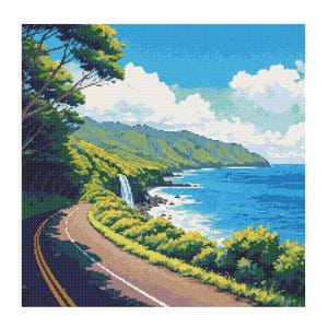 May include: A winding road leads to a scenic ocean view with lush green hills and a waterfall cascading down the side of a cliff. The sky is a bright blue with fluffy white clouds.