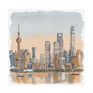 May include: A watercolor painting of the Shanghai skyline with several tall buildings, including the Oriental Pearl Tower, against a light blue sky with a hint of orange.