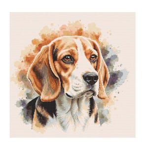 May include: A watercolor painting of a Beagle dog with brown, white, and black fur. The dog is looking to the right and has a gentle expression. The background is a soft watercolor wash of orange, yellow, and purple.