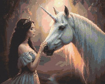 Princess with Wild Unicorn Cross Stitch Pattern - design size 200 x 200 stitches