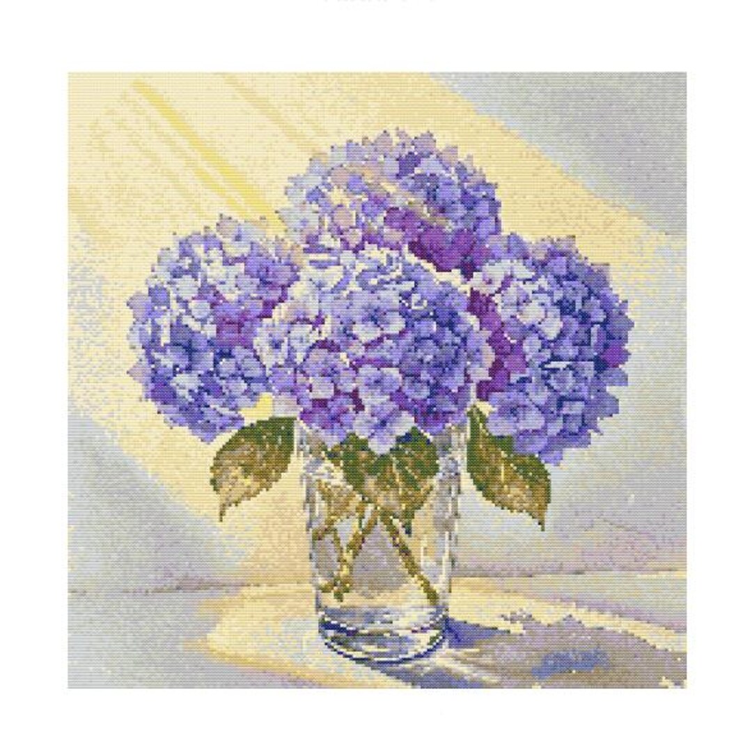 Purple Hydrangeas in Sunbeam Watercolor Cross Stitch Pattern
