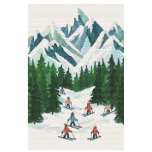 May include: Cross-stitch design of a snowy mountain scene. The image features skiers descending a snow-covered slope, surrounded by evergreen trees and a backdrop of snow-capped mountains. The color palette includes shades of white, green, blue, and orange.