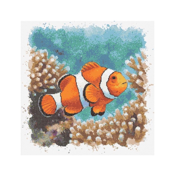 クマノミの水彩画風クロスステッチ図案 - デザインサイズ：200×200