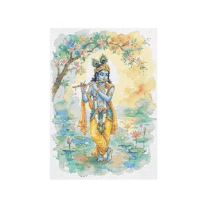 May include: Watercolor painting of a blue-skinned figure playing a flute, adorned with a crown and jewelry. The figure stands in a serene, watery landscape with lotus flowers, under a flowering tree. The background features soft yellow and orange hues.
