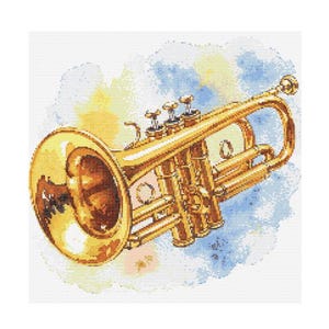 May include: A gold trumpet with a bell-shaped mouthpiece and three valves. The trumpet is set against a watercolor background of blue, yellow, and white.