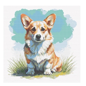 Könnte beinhalten: Ein brauner und weißer Corgi-Hund sitzt in einem Feld mit grünem Gras vor einem blauen und weißen, bewölkten Himmel.