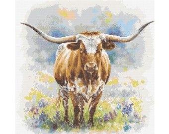 Longhorn Watercolor Cross Stitch Pattern - Design size: 200 x 200 stitches