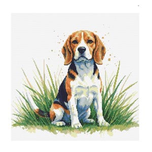 Beagle in the Grass Watercolor Cross Stitch Pattern - Design size: 200 x 200 stitches