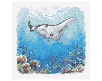 Patrón de punto de cruz de manta raya - Tamaño del diseño: 200 x 200 puntos / Descarga digital / Hecho a mano / Manualidades / Bordado