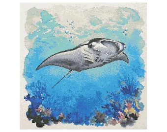 Patrón de punto de cruz de manta raya - Tamaño del diseño: 200 x 200 puntos / Descarga digital / Hecho a mano / Manualidades / Bordado