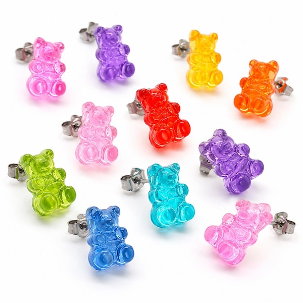 Gummy Bear Earrings, Kawaii Resin Stud Earrings, Y2K Candy Jewelry, Cute Tiny Bear Earrings, Kidcore Gift, Hypoallergenic Posts