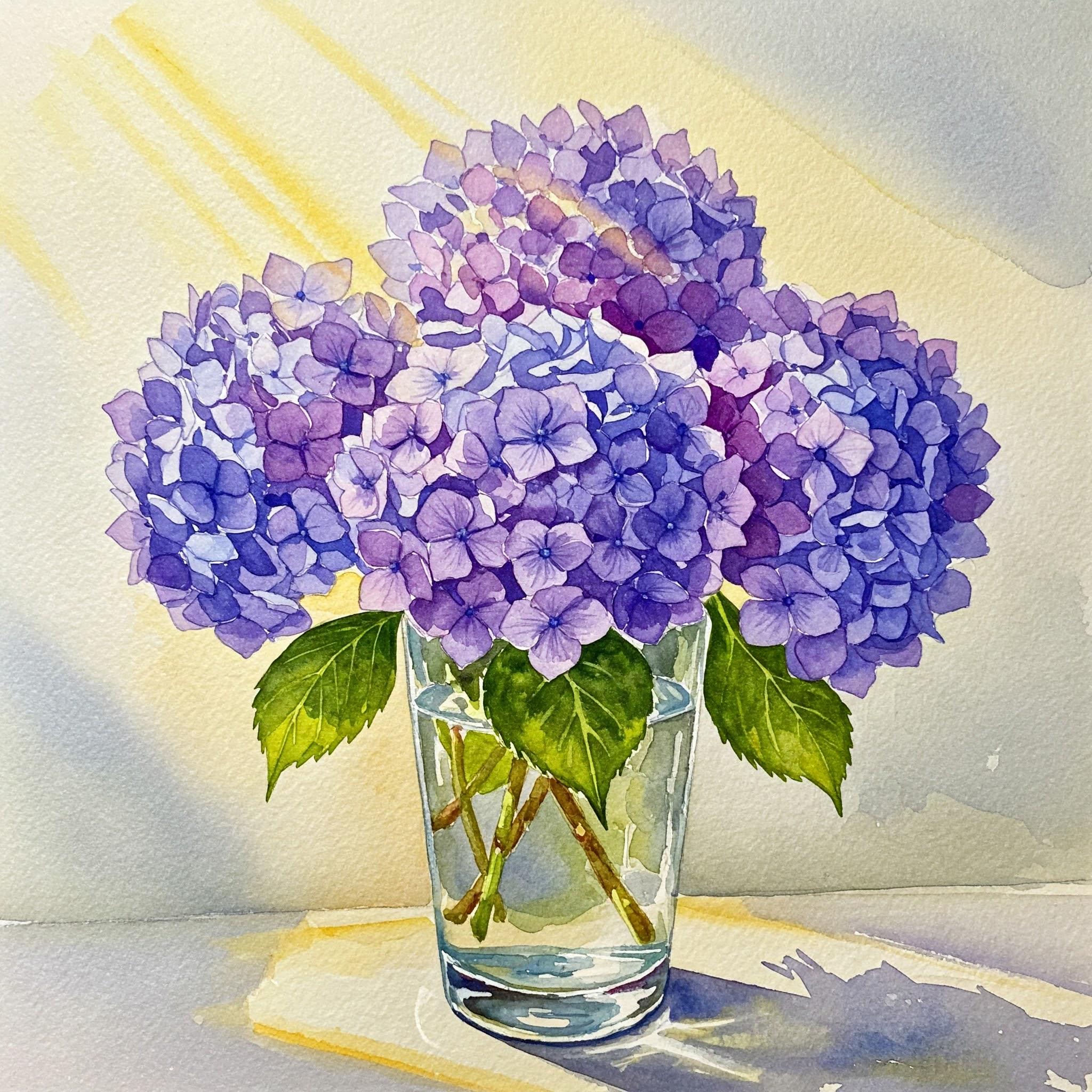 Purple Hydrangeas in Sunbeam Watercolor Cross Stitch Pattern
