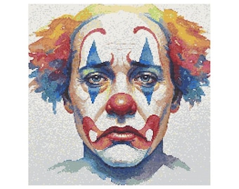 悲しいピエロの水彩画クロスステッチパターン - デザインサイズ：200 x