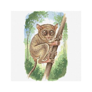 Puede incluir: Un diseño de punto de cruz que representa un tarsio agarrado a una rama de árbol. El primate tiene ojos grandes y un pelaje marrón claro. El fondo representa una escena de bosque con follaje verde y cielo azul.