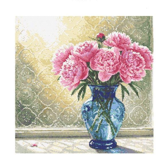 太陽光線の中のピンクの牡丹の水彩画クロスステッチパターン