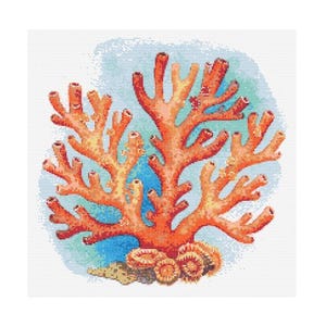 Può includere: Un ramo di corallo arancione vibrante con dettagli intricati, su uno sfondo ad acquerello di tonalità blu e verdi. Il corallo è rappresentato in modo realistico, mostrando i suoi rami delicati e la sua superficie testurizzata.