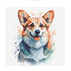 Op de afbeelding: Een aquarel van een corgi-hond met een gelukkige uitdrukking. De hond is geschilderd in tinten oranje, bruin, wit en blauw.