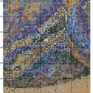 May include: A cross-stitch pattern featuring a colourful abstract design with shades of blue, green, brown, and yellow. The pattern is made up of small squares, each with a different colour. The pattern is perfect for a beginner cross-stitcher.