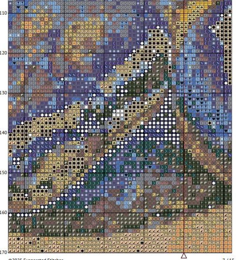 May include: A cross-stitch pattern featuring a colourful abstract design with shades of blue, green, brown, and yellow. The pattern is made up of small squares, each with a different colour. The pattern is perfect for a beginner cross-stitcher.