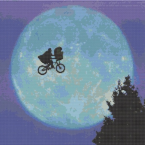 May include: A black silhouette of a bicycle with a figure in the back seat flying in front of a large blue moon against a purple sky.