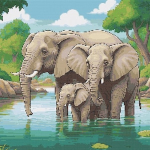 Elephant Family Drawn Cross Stitch Pattern - Design size: 200 x 200 stitches