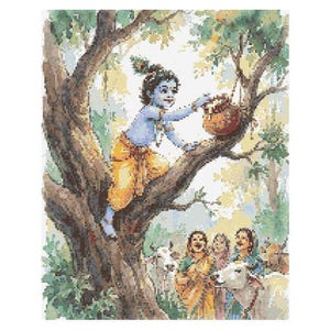 May include: A cross-stitch depiction of a young boy, with blue skin and yellow clothing, reaching for a basket in a tree. The scene includes a group of women and cows at the base of the tree, set in a lush, green environment.